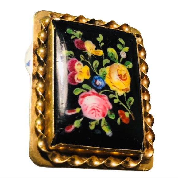 Antique Victorian Handpainted flower cameo ornate Black onyx 10k gold brooch - Picture 3 of 13